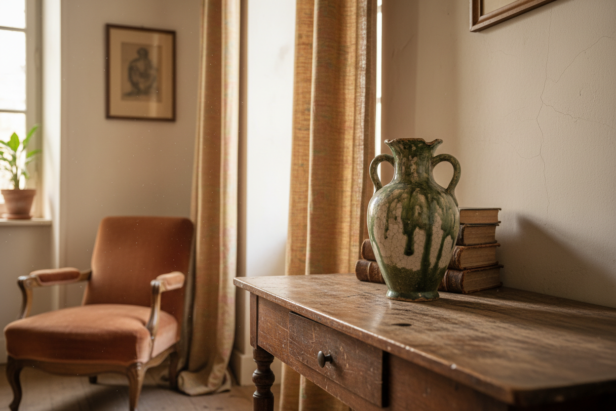 A quiet vintage interior corner featuring an old ceramic vase on a wooden surface, soft afternoon light, warm muted colors, visible texture and patina, cozy European apartment atmosphere, cinematic depth of field, artistic editorial photo, timeless and nostalgic feeling, no people, no text.